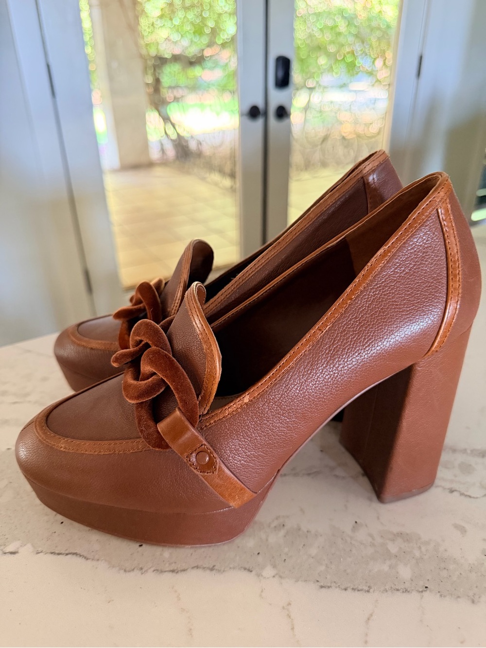 Vince Camuto Chestnut Brown Chunky Platform Heels with Knot Detail